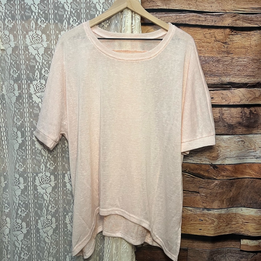 Halara Asymmetrical Split Hem Oversized Sheer Pink Top (126) - Picture 2 of 7